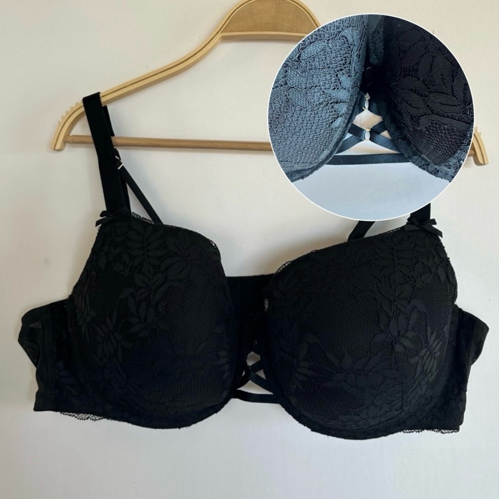 Cacique Bra Boost Balconette Black Underwire Lane Bryant Lace Strappy 46D
